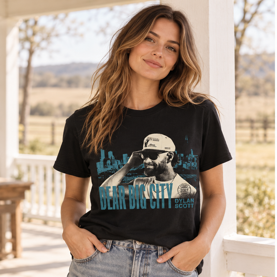 PRE-ORDER! Dear Big City 2027 Tour Tee — female lifestyle image