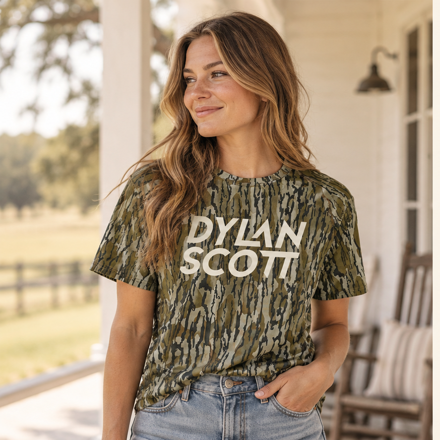 Dylan Scott Camo Tee — female lifestyle image